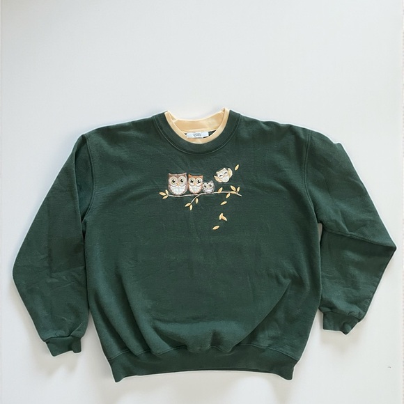 Country Store Owl Embroidered Sweatshirt Forest Green XL Cottagecore - Picture 5 of 5
